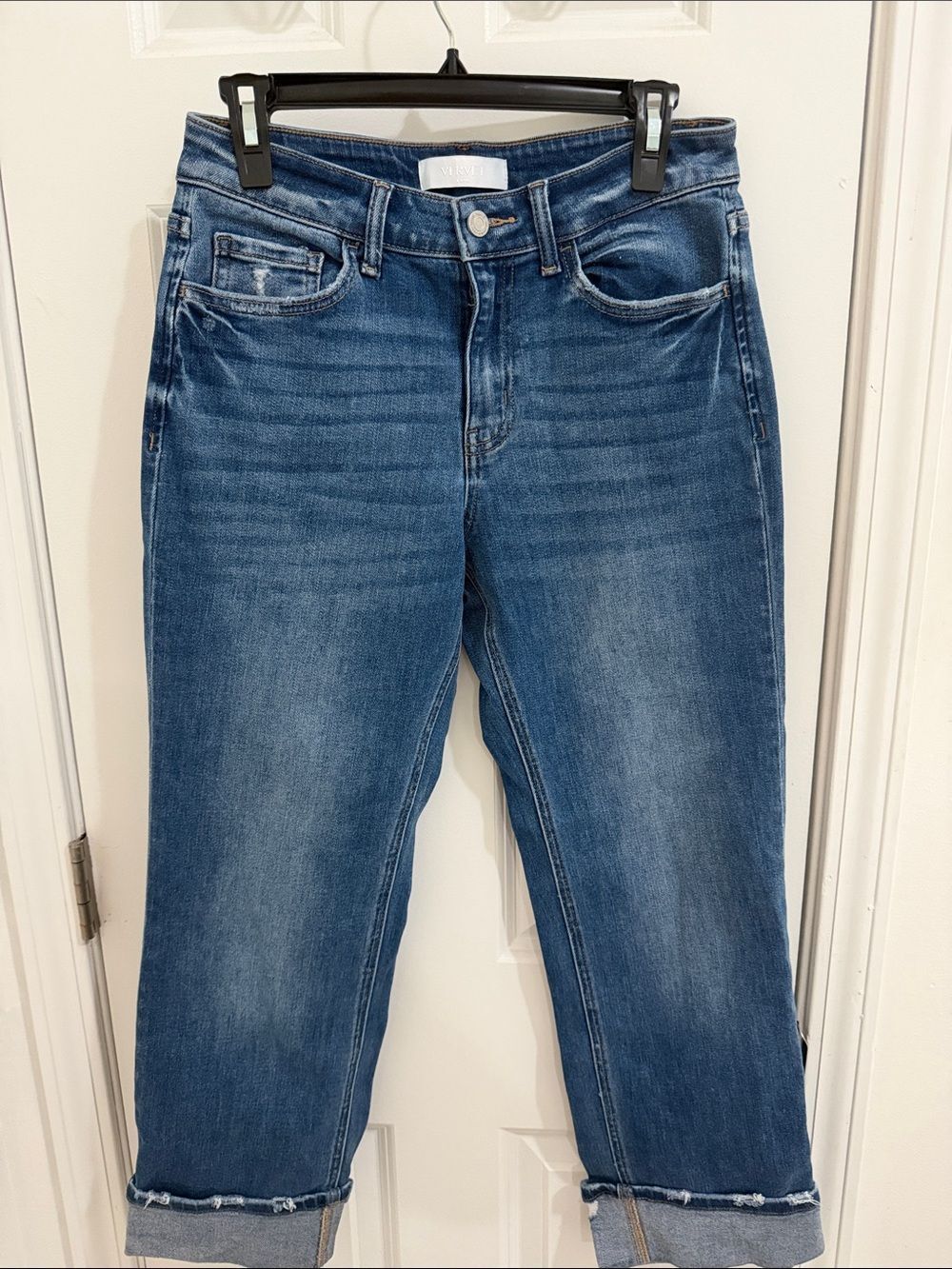 Vervet Distressed Mid-Blue Cropped Jeans
